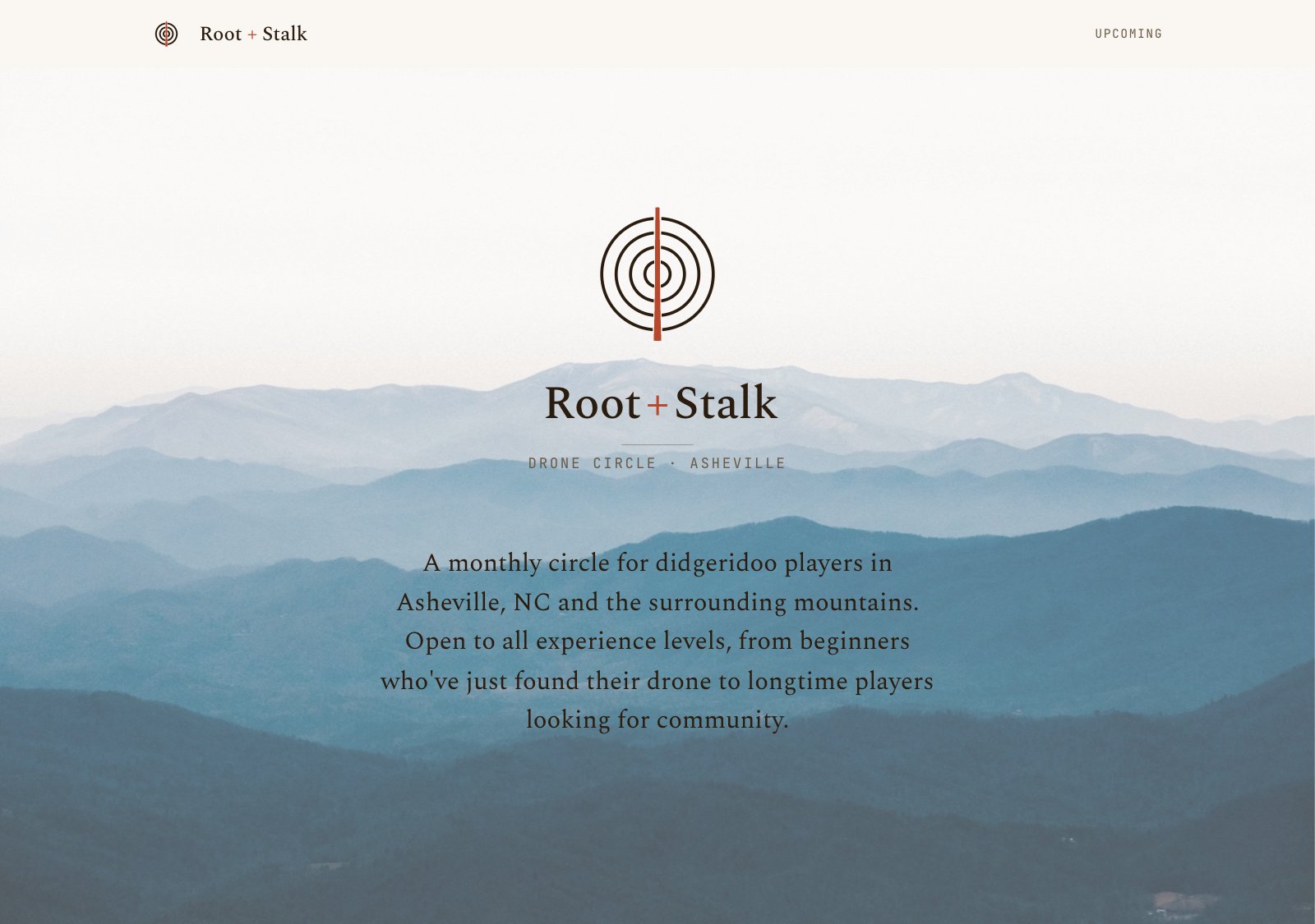 The Root + Stalk Drone Circle website: a concentric-circle logo over a Blue Ridge mountain photograph, with the tagline and an upcoming events link.