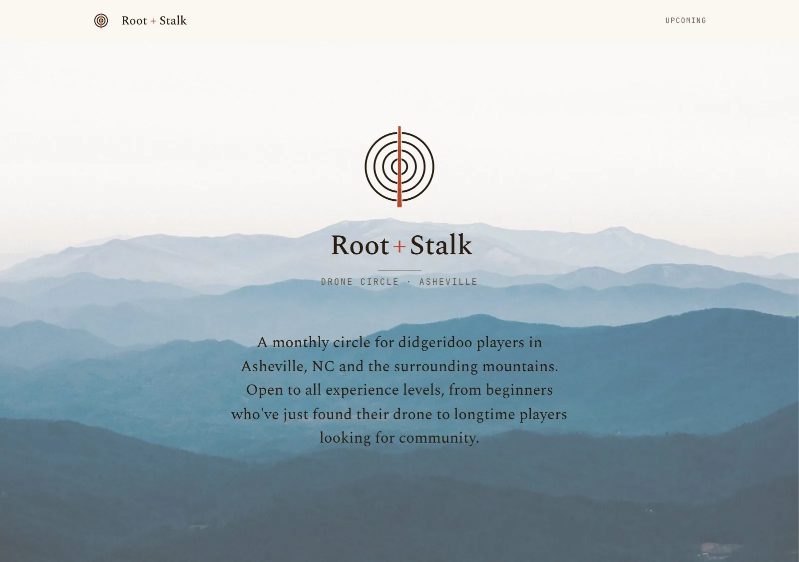 The Root + Stalk Drone Circle website: a concentric-circle logo over a Blue Ridge mountain photograph, with the tagline and an upcoming events link.