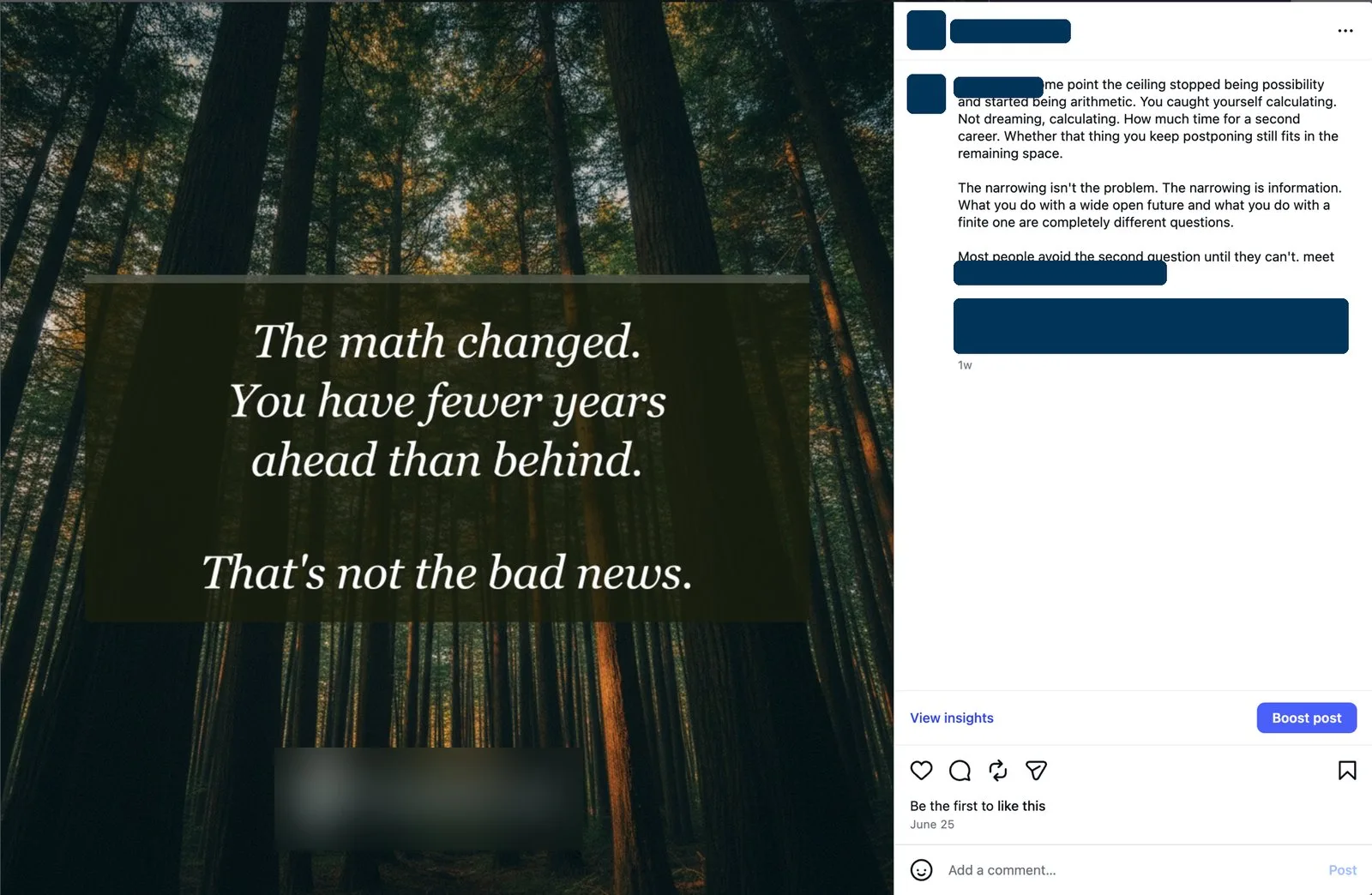 A second published post from the same pipeline, weeks apart: a forest photo with the same style of overlaid quote card and generated caption. Brand details redacted.