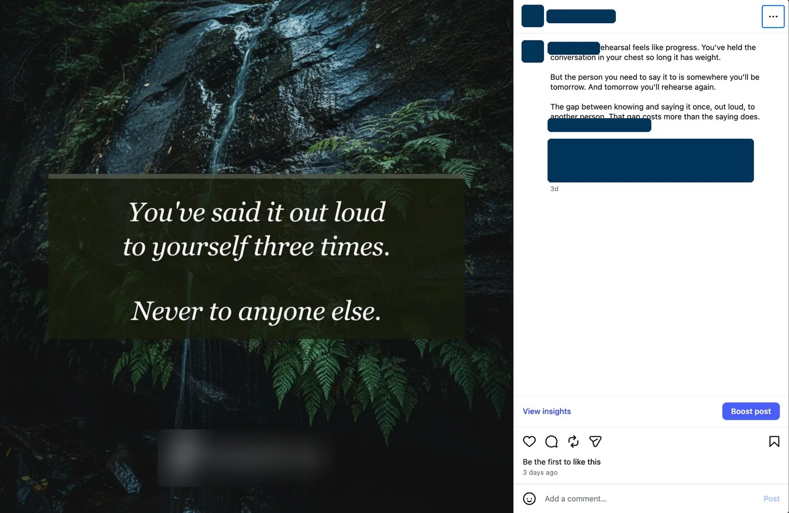 A published Instagram post generated by the pipeline: a moody waterfall photo with an overlaid quote card, alongside the generated caption. Brand name and account details are redacted.